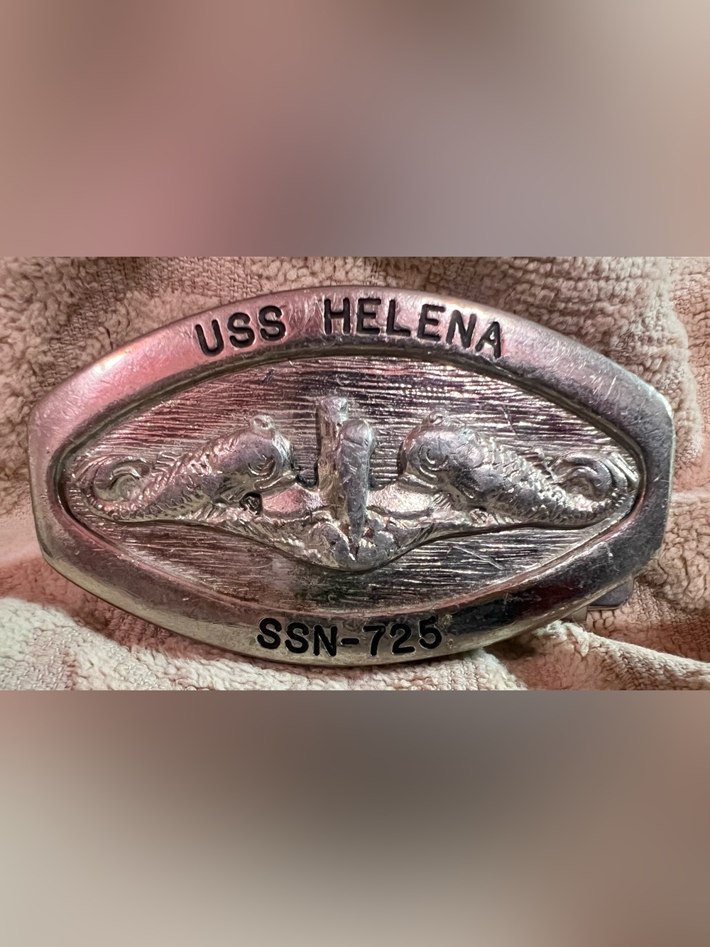 Vintage silver-toned metal belt buckle honoring the USS Helena SSN-725,